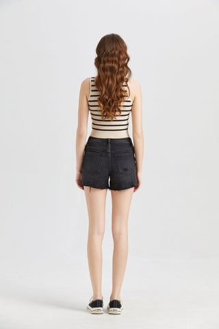 BAYEAS Stepped Waist Raw Hem Denim Shorts Trendsi