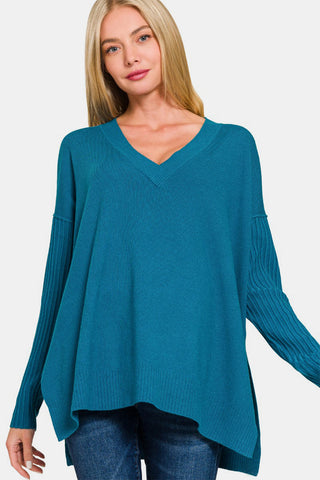 Zenana V-Neck Side Slit High-Low Sweater Trendsi