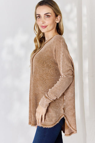 Zenana Oversized Washed Waffle Long Sleeve Top Trendsi