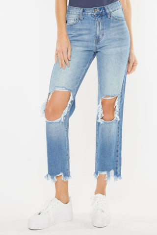 Kancan High Waist Chewed Up Straight Mom Jeans Trendsi