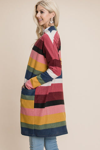 BOMBOM Color Block Striped Open Front Cardigan Trendsi