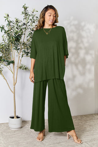 Double Take Full Size Round Neck Slit Top and Pants Set Trendsi