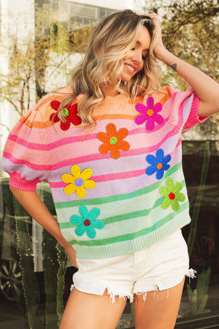 BiBi Flower Patch Puff Sleeve Striped Sweater Trendsi