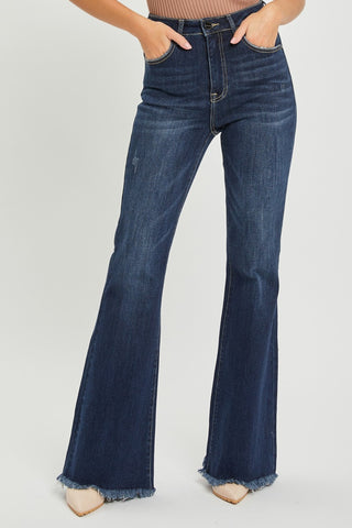 RISEN High Waist Raw Hem Flare Jeans Trendsi