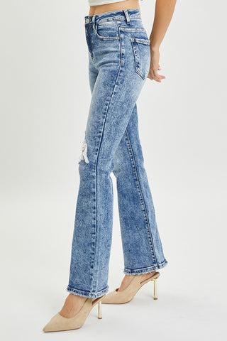 RISEN Full Size High Rise Distressed Flare Jeans Trendsi