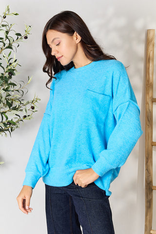 Zenana Round Neck Long Sleeve Sweater with Pocket Trendsi