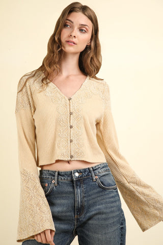 VERY J V-Neck Lace Detail Button Down Crop Ribbed Knit Top Trendsi