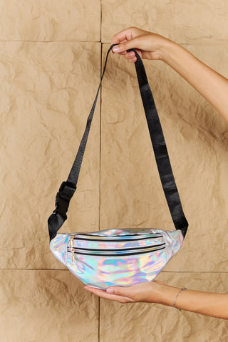 Fame Good Vibrations Holographic Double Zipper Fanny Pack in Silver Trendsi