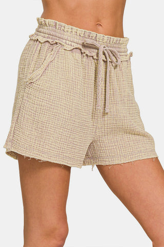 Zenana Washed Frayed Hem Drawstring Shorts Trendsi