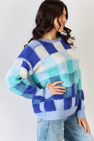 J.NNA Checkered Round Neck Long Sleeve Sweater Trendsi