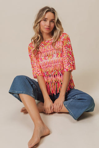 BiBi Openwork Fringed Knit Cover Up Trendsi