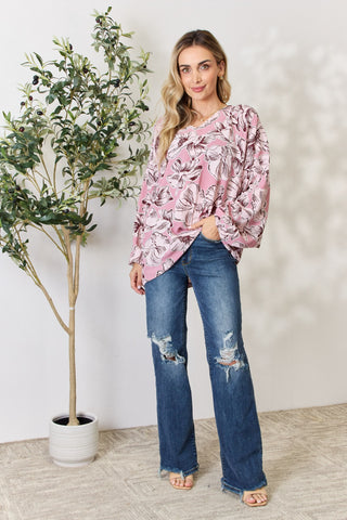 Heimish Full Size Floral V-Neck Balloon Sleeve Blouse Trendsi