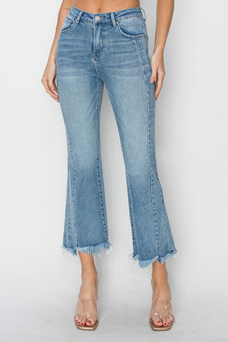 RISEN Full Size High Rise Frayed Hem Flare Jeans Trendsi