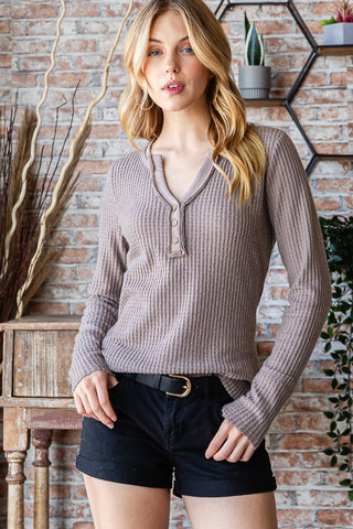 Reborn J Waffle Knit Notched Long Sleeve Top Trendsi