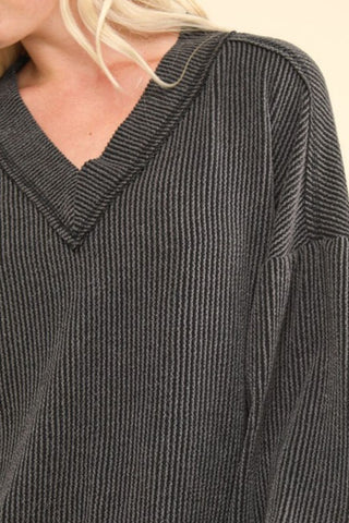 VERY J Two Tone Ribbed V-Neck Exposed Seam Top Trendsi