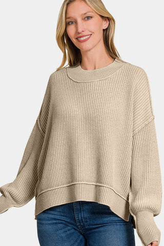 Zenana Exposed Seam Round Neck Dropped Shoulder Sweater Trendsi