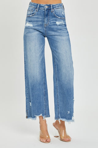 RISEN High Rise Side Slit Raw Hem Cropped Jeans Trendsi