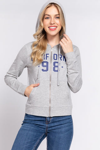 ACTIVE BASIC CALIFORNIA Zip Up Drawstring Long Sleeve Hoodie Trendsi