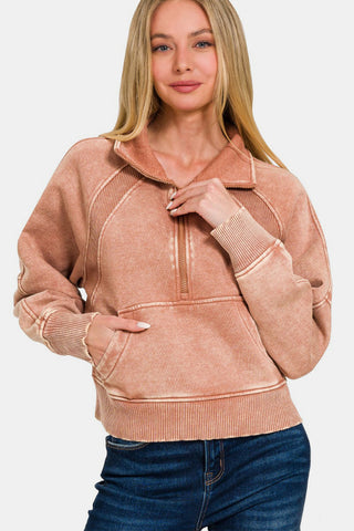 Zenana Acid Washed Half Zip Fleece Sweatshirt Trendsi