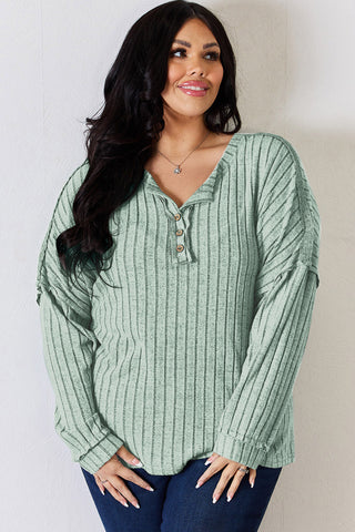 Basic Bae Full Size Ribbed Half Button Long Sleeve T-Shirt Trendsi