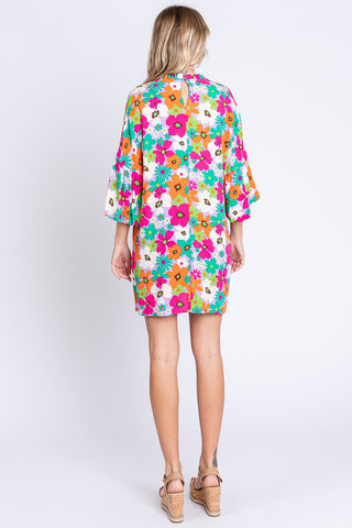 GeeGee Full Size Floral Round Neck Lantern Sleeve Mini Dress Trendsi