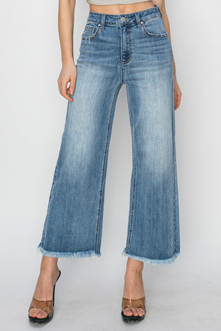 RISEN Raw Hem Cropped Wide Leg Jeans Trendsi