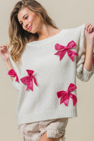 BiBi Sequin Bow Puff Sleeve Sweater Trendsi