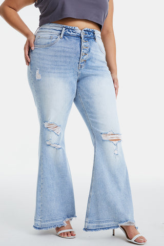 BAYEAS Full Size Distressed Raw Hem High Waist Flare Jeans Trendsi