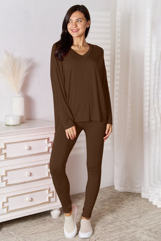 Basic Bae Full Size V-Neck Soft Rayon Long Sleeve Top and Pants Lounge Set Trendsi