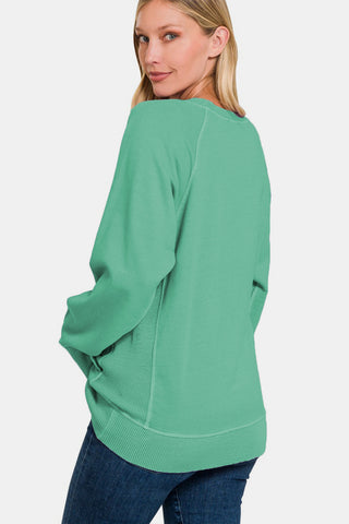 Zenana Pocketed Round Neck Long Sleeve Sweatshirt Trendsi