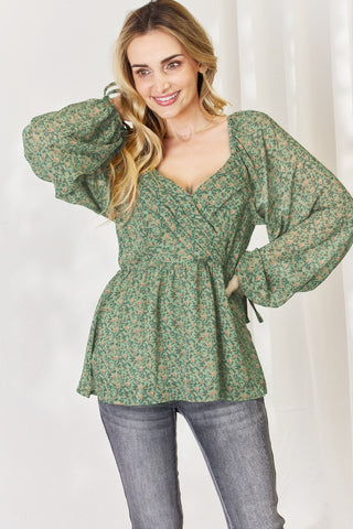 HEYSON Full Size Floral Surplice Peplum Blouse Trendsi