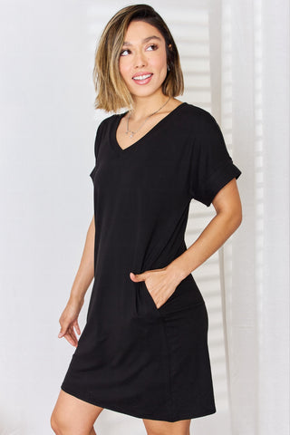 Zenana Full Size Rolled Short Sleeve V-Neck Dress Trendsi