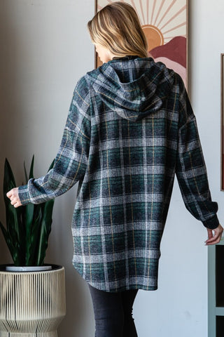 Heimish Plaid Button Down Long Sleeve Hooded Cardigan Trendsi