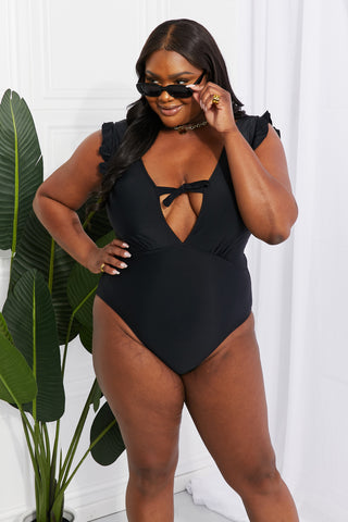 Marina West Swim Seashell Ruffle Sleeve One-Piece in Black Trendsi