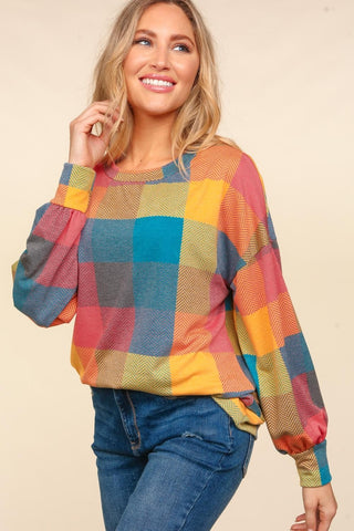 Haptics Round Neck Color Block Plaid Top Trendsi