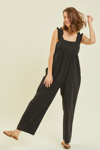 HEYSON Full Size Ruffled Strap Back Tie Wide Leg Jumpsuit Trendsi