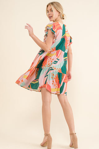 And The Why Printed Double Ruffle Sleeve Dress Trendsi