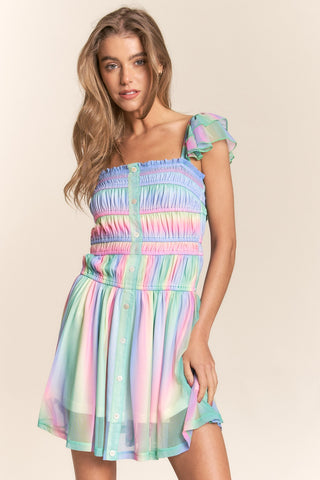 J.NNA Rainbow Smocked Mini Mesh Dress Trendsi