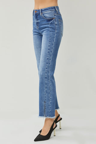 RISEN High Waist Raw Hem Slit Straight Jeans Trendsi