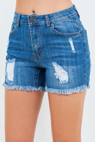 American Bazi High Waist Distressed Frayed Denim Shorts Trendsi