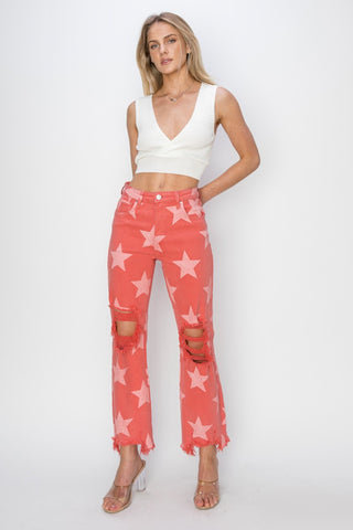 RISEN Full Size Distressed Raw Hem Star Pattern Jeans Trendsi