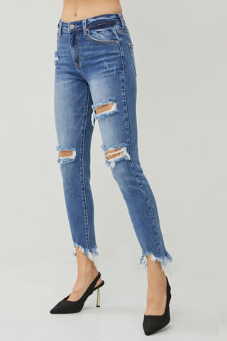 RISEN Distressed Frayed Hem Slim Jeans Trendsi