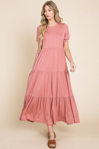 BOMBOM Short Sleeve Tiered Maxi Dress Trendsi