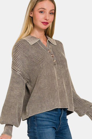 Zenana Washed Half Button Long Sleeve Sweater Trendsi