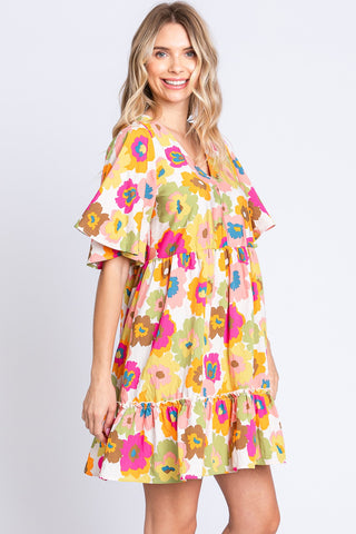 GeeGee Full Size Floral V-Neck Ruffle Trim Mini Dress Trendsi