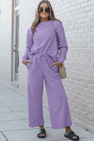 Double Take Full Size Textured Long Sleeve Top and Drawstring Pants Set Trendsi