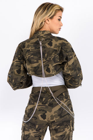 American Bazi Camouflage Cropped Jacket with Chains Trendsi