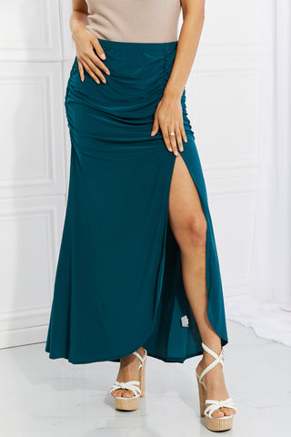 White Birch Full Size Up and Up Ruched Slit Maxi Skirt in Teal Trendsi