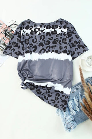 Leopard V-Neck Short Sleeve T-Shirt Trendsi