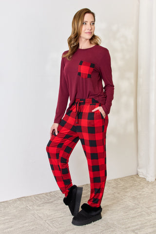 Zenana Full Size Plaid Round Neck Top and Pants Pajama Set Trendsi